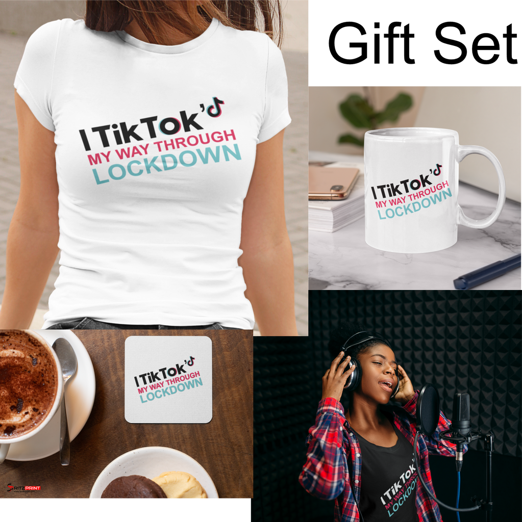 Gift Set I TikTok'd My Way Through Lockdown Unisex B/W T-Shirt  Mug Coaster