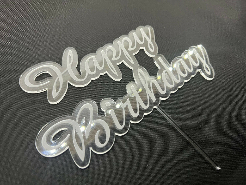 Clear 3mm Acrylic Cake Topper Happy Birthday engraved font